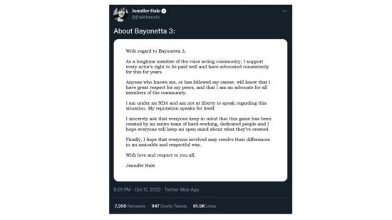 Bayonetta 3 Jennifer Hale's official Twitter statement