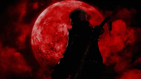Bayonetta 3 review: a screenshot from Bayonetta 3 shows a female character stood in a stoic stance against the backdrop of a red moon