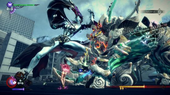 Bayonetta 3 review: a screenshot from Bayonetta 3 shows Bayonetta using a Demon Slave ability to combat an enemy with a giant demon of her own