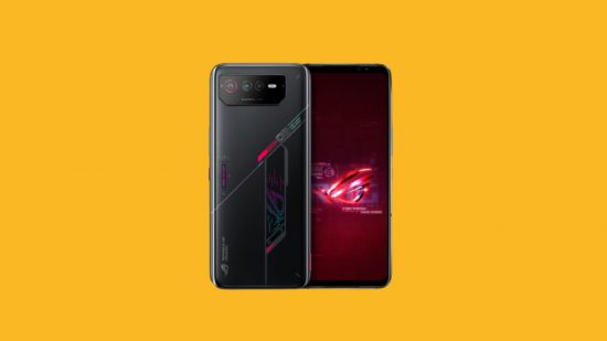 The Asus ROG 6, one of the best gaming phones out there, on a mango yellow background. The phone is all black, shown twice. We see its back on the left, with red highlights and a black shiny camera cutout at the top. On the right, slightly covered, is the front, all screen display, with a moody dark red background.