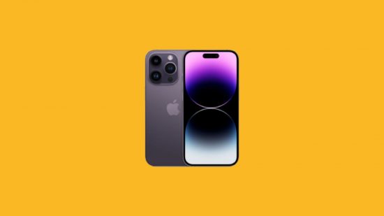 The iPhone 14 Pro Max, one of the best gaming phones out there. It is shown twice. On the right is the front, showing its screen with a pill shaped cutout centred at the top and a purple, silver, and black wallpaper. Slightly covered by it, on the left, is the back, showing a gradient purple colour, 3 cameras in an outdented cutout, and the Apple logo.