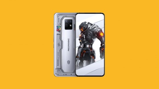 The RedMagic, one of the best gaming phones out there, on a mango yellow background. The phone is shown twice. On the right, half covered by the other, is the back of the phone, all angular silver with multiple highlights littering the surface like some child's idea of a cool spaceship, with a centred black camera cutout. On the right, half covering it, is the front, all screen display, showing a background of a large armoured futuristic soldier like something out of Doom or Halo.