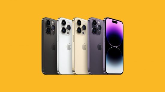 A row of iPhone 14 Pro Maxs, some of the best gaming phones out there, on a yellow background. They are stood up one behind the other like a strewn deck of cards. The farthest right one is purple, showing its screen with a purple, silver, and black wallpaper. Next to it is the same colour iPhone, but showing its back with three cameras and the Apple logo. The same goes for the next three in the line, except they are, from right to left, gold, white, and black.