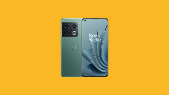 The OnePlus 10 Pro, one of the best gaming phones out there, on a mango yellow background. The phone is shown twice, on the left half-covered by the other is the back of the phone, dull green with a black camera cutout and OnePlus logo. On the right half-covering it is the front of the phone, showing a background of flowing green creases and the phrase 'Never Settle'.