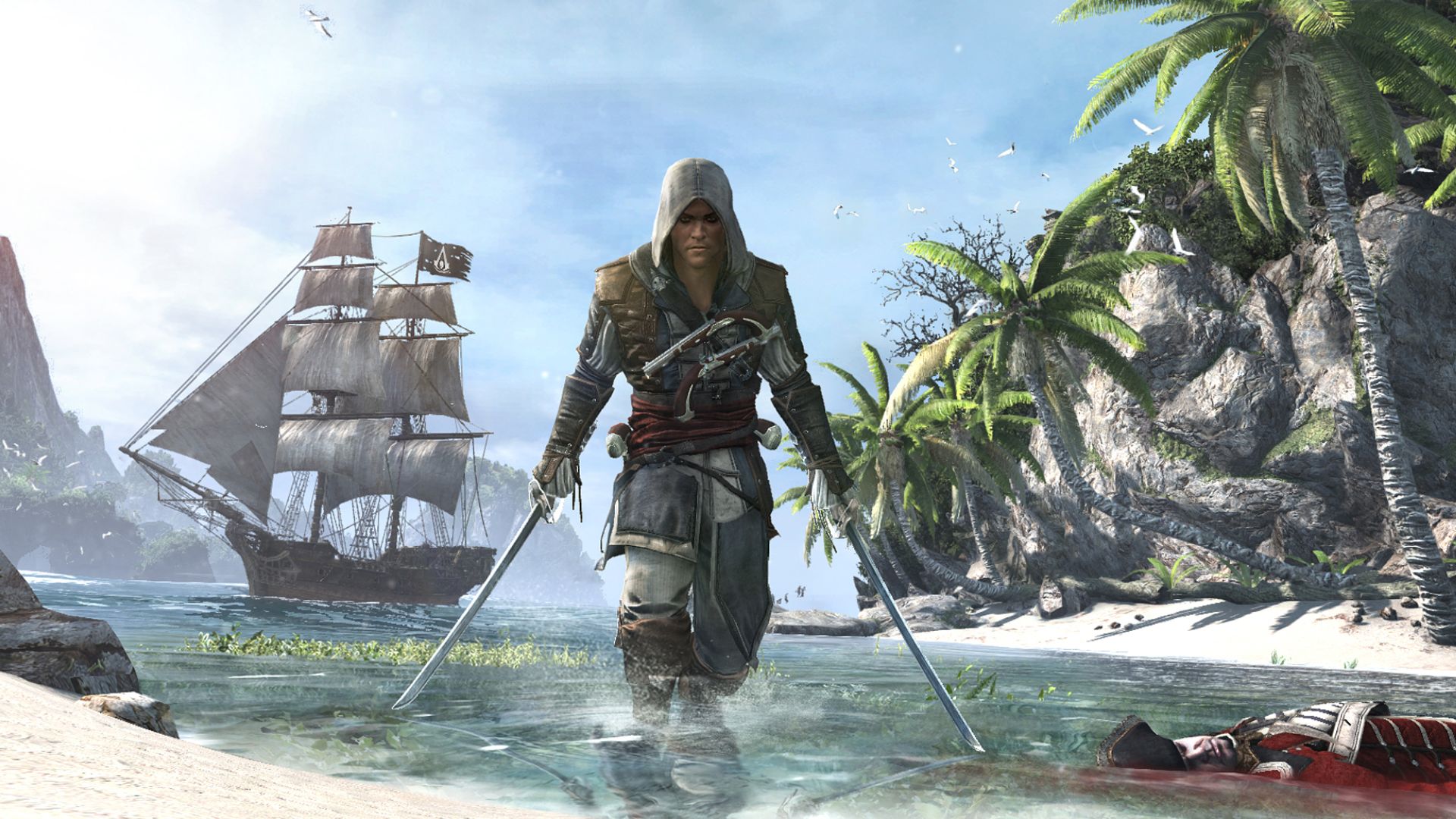 Best history games: Assassin's Creed IV: Black Flag. Image shows an assassin on a tropical beach with a ship in the background.