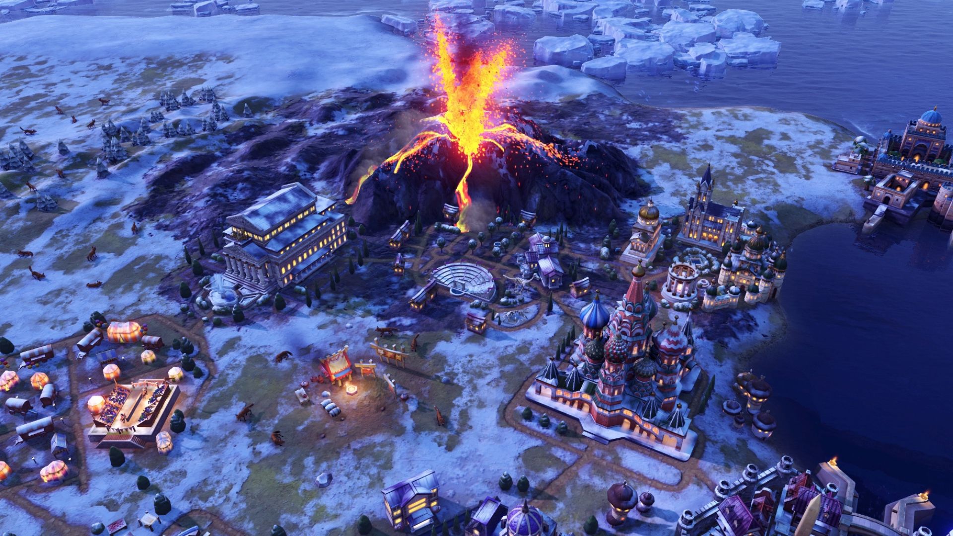 Best history games: Civilization VI. Image shows a volcano erupting near a city.