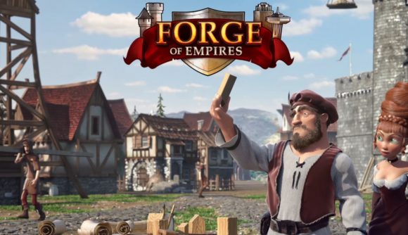 Best history games: Forge of Empires. Image shows a villager raising his arm in battle in front of an historic village, with the Forge of Empires logo above.
