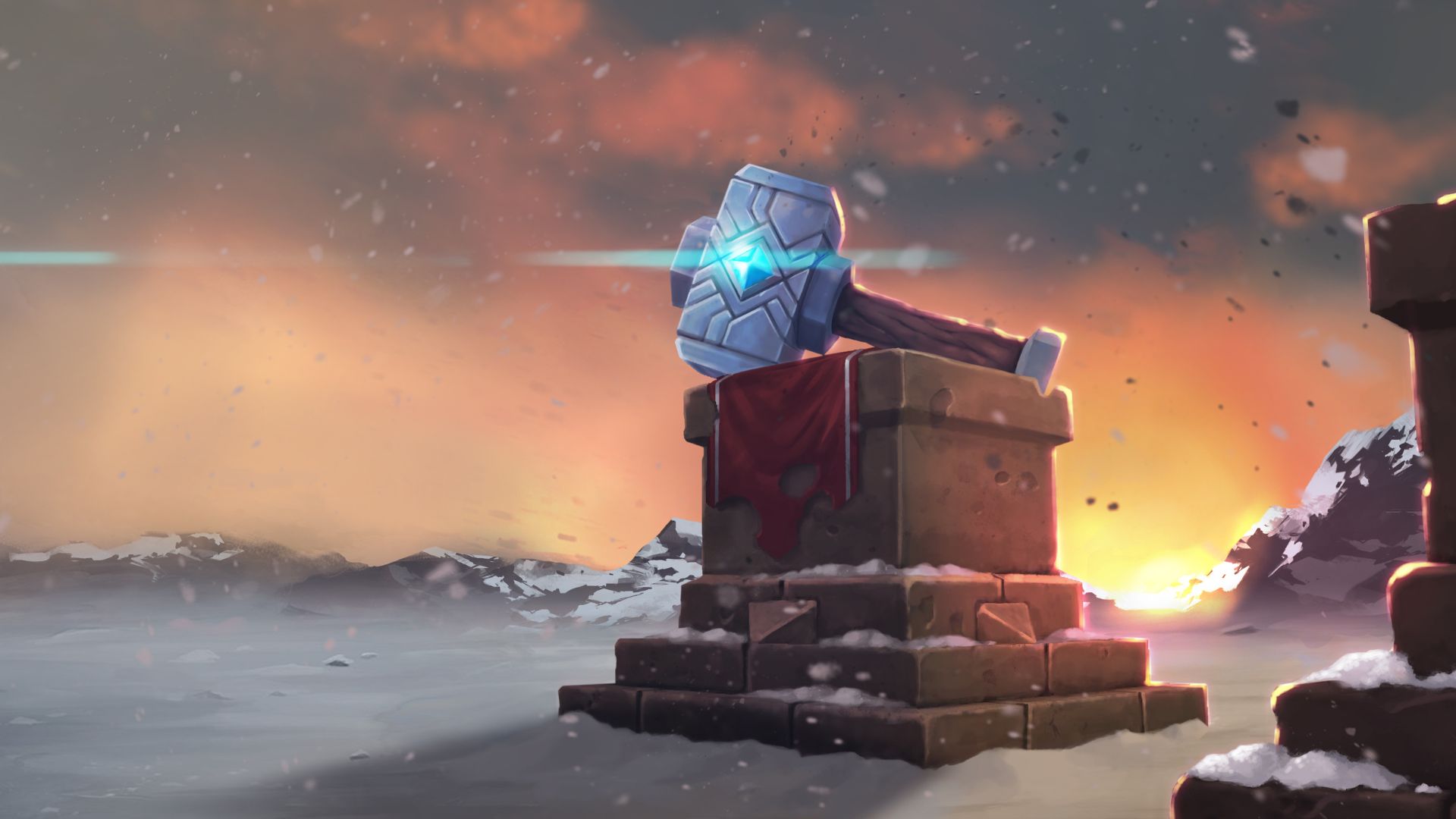 Best history games: Northguard. Image shows a hammer on a pedestal in the snow.