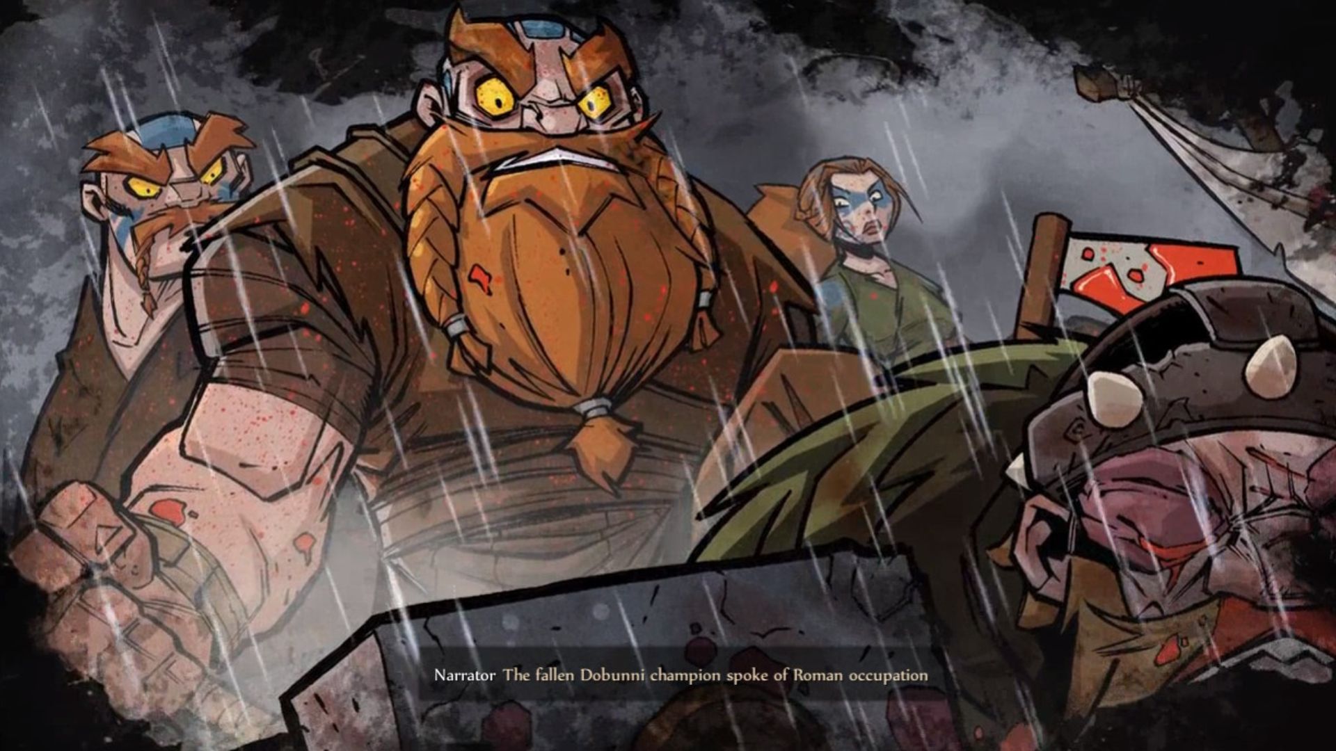 Best history games: Wulverblade. Image shows man with red beards looking over an injured man in the rain.