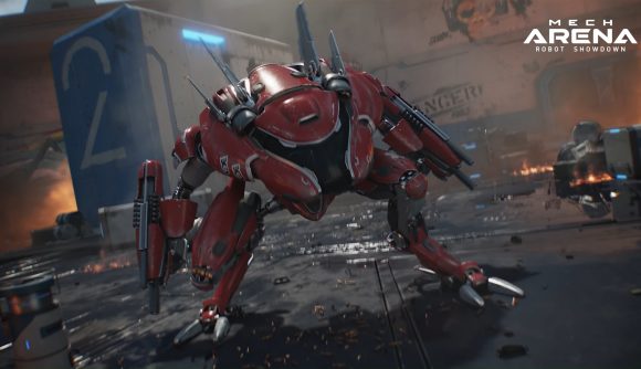 Best iOS games: Mech Arena. Image shows a robot standing in a battleground. The Mech Arena logo is at the top right of the frame.