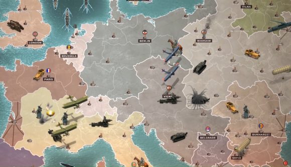 Best iPhone games: Supremacy 1914. Image shows a map of Europe with various military vehicles on it, and also planes flying over it.