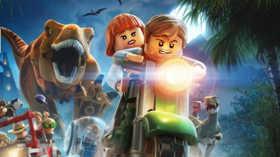 Best Lego games: Lego Jurassic World. Image shows characters riding away from a T-Rex on a motorbike.