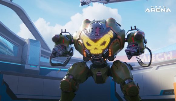 Best mobile multiplayer games: Mech Arena. Image shows a mech with a vibrant face getting ready to kill someone.