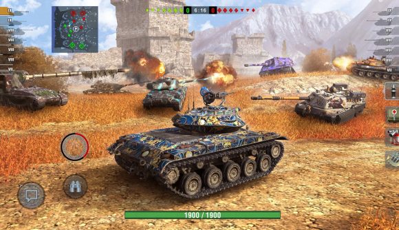 A screenshot of one of the best mobile multiplayer games, World of Tanks Blitz, showing a bunch of tanks engaging in battle