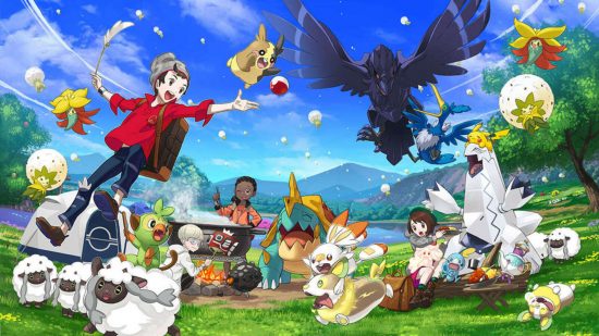 Los mejores juegos de Pokémon: arte promocional de Pokémon Sword and Shield que muestra a los entrenadores haciendo un picnic con un gran grupo de Pokémon 