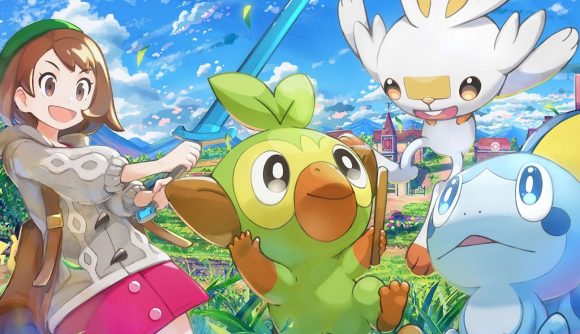 Best Pokémon games - promotional art from Pokémon Sword and Shield showing a trainer with the three starter Pokémon