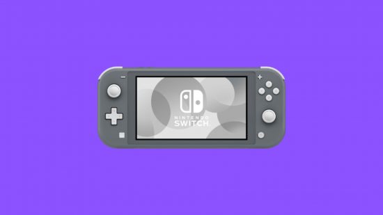 One of the best portable gaming consoles, the Nintendo Switch Lite, a grey, handheld device with a screen in the middle and controls either side.