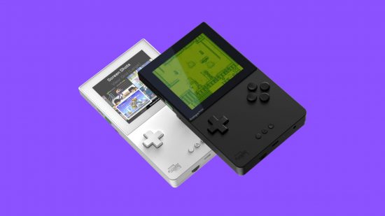 One of the best portable gaming consoles, the Analogue Pocket, two versions, one white, one black. It's a rectangular device with a screen on the top at the front and controls below.