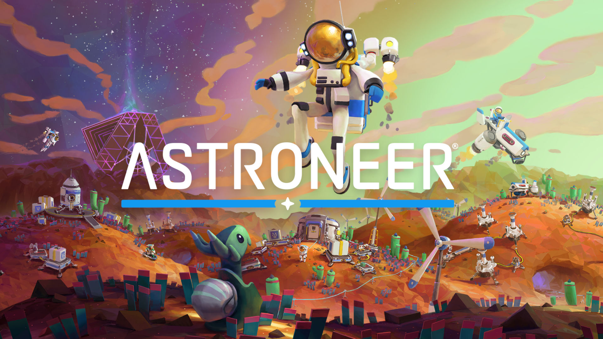 Best space games: Astroneer. Image shows an astronaut flying above a landscape filled with strange creatures, as well as the logo of the game.