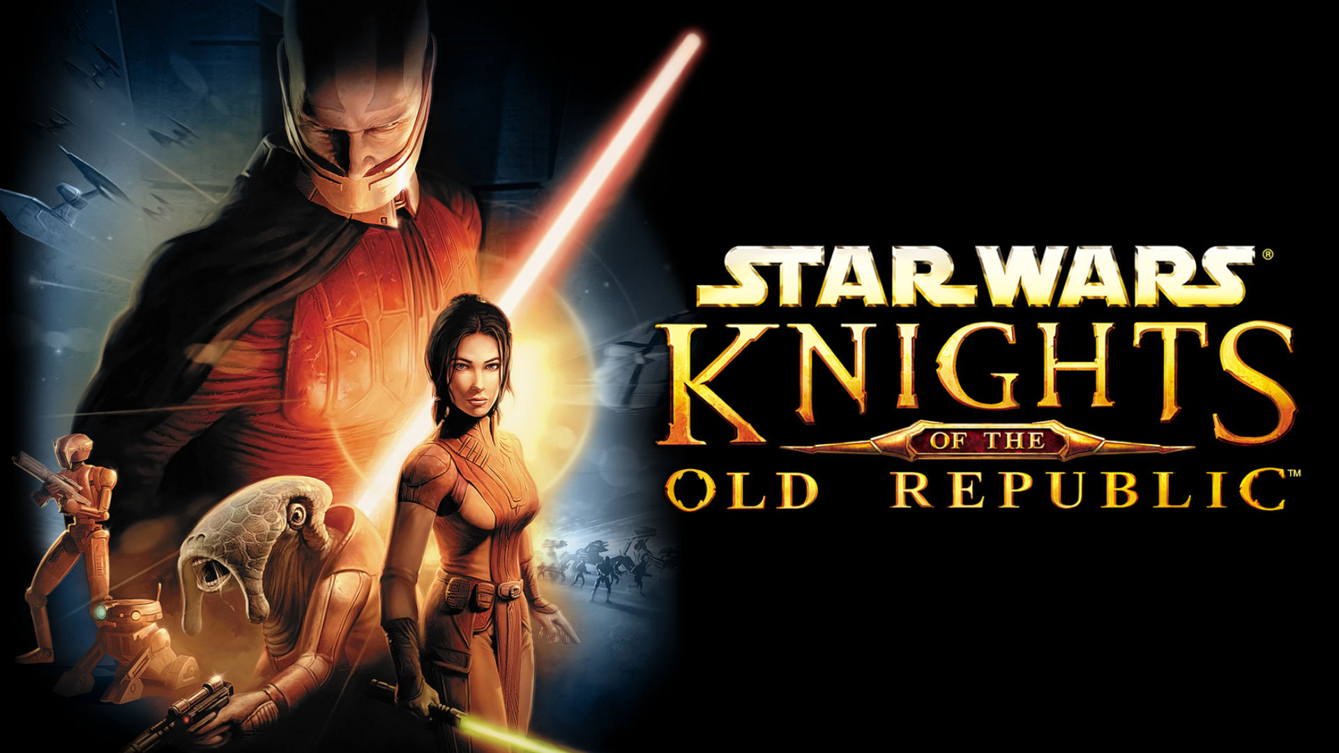 Best space games: Star Wars: Knights of the Old Republic. Image shows the game's logo and a picture of a bunch of Jedi.