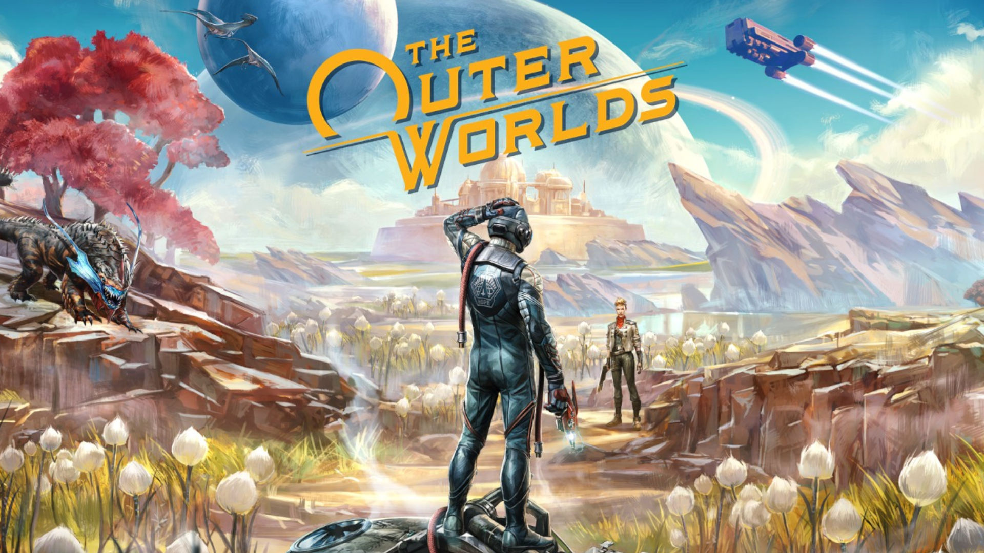 Best space games: The Outer Worlds. Image shows a character looking out at an alien landscape with the game's logo at the centre middle of the frame.