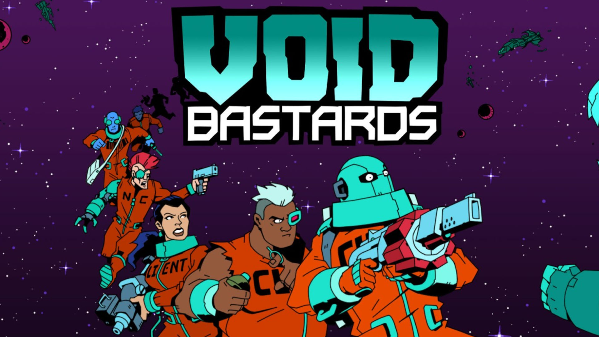 Best space games: Void Bastards. Image shows a group of burly people with guns under the game's logo.