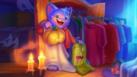 Bingo Blitz free - Fritz the cat holding halloween costumes in a spooky attic