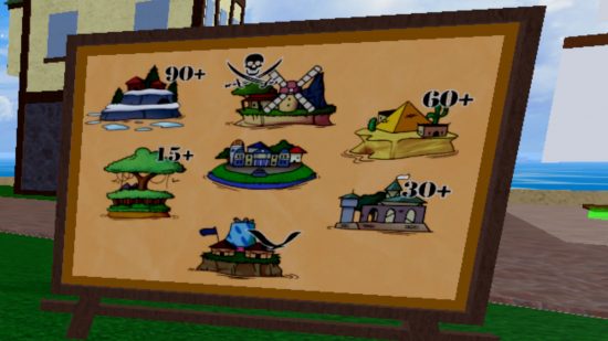 Screenshot of the Blox Fruits map with various locations from around the world
