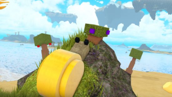 Art from Booga Booga codes, a guide to freebies in this Roblox survival experience, showing a snail climbing up a mossy rock on a beach with cloudy blues skies in the distance with floating rocks in the distance.