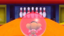 Screenshot from bowling minigame in Super Monkey Ball for bowling games on Switch and mobile guide