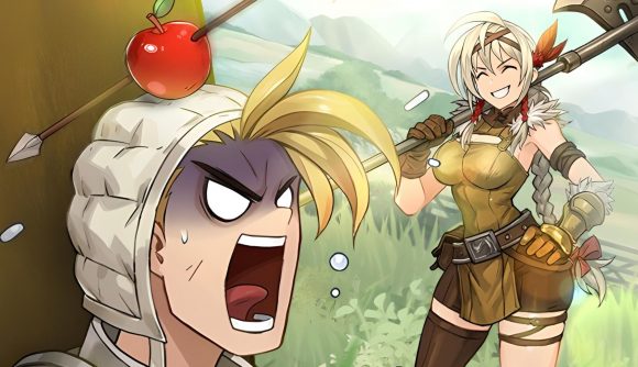 A blonde woman in tight Robin Hood-esque armour looks at another blonde woman who is screaming with an apple on her head with an arrow in it. The first woman is grinning, and has an axe slung over her shoulder. This is art for Brave Nine Story release date.