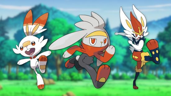 Custom image of Scorbunny, Raboot, Cinderace on a field background for bunny Pokémon guide