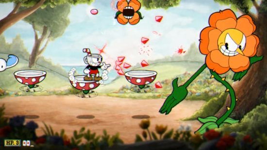Cuphead horror game - Cuphead facing off against Cagney Calmation in a forest