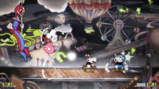 Cuphead horror game - Beppi riding a horse while Cuphead and Mugman shoot