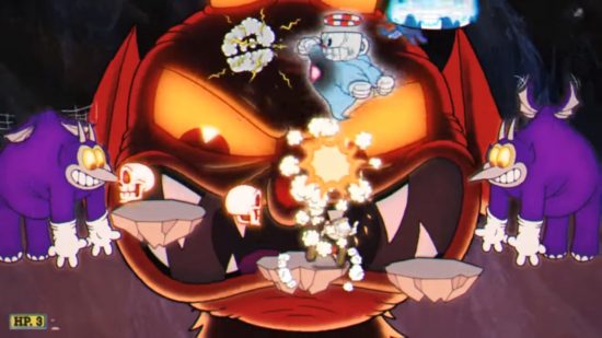 Cuphead horror game - the devil looking very angry as Cuphead fights his purple minions