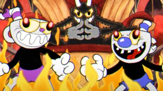 Cuphead horror game - Cuphead and Mugmon grinning eevilly stood in fire while the Devil looks on