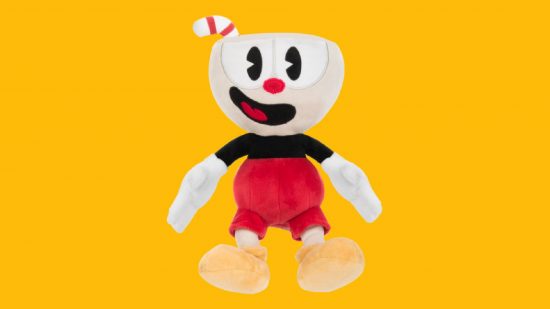 Cuphead plush: an image shows a CUphead plush against a yellow background