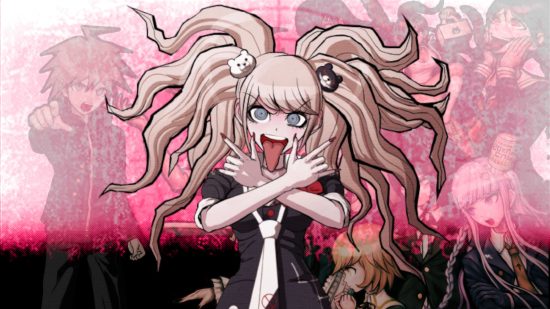 Danganronpa characters Junko with her hands crossed and her tongue sticking out, with several other characters behind her