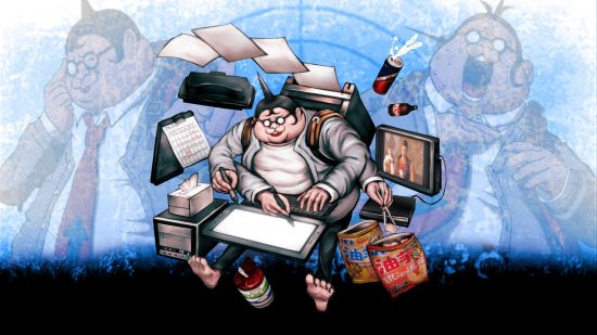 Danganronpa characters Hifumi eating potato chips, drawing on a graphics tablet, and playing a videogame