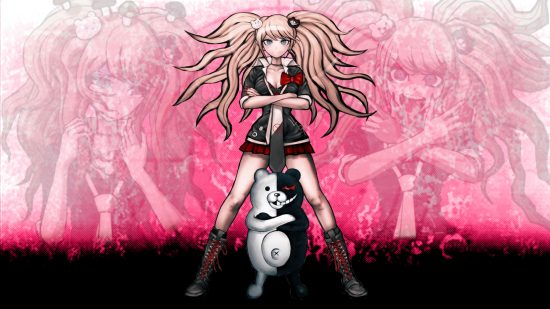 Danganronpa characters Junko with her arms folded and Monokuma stood before her