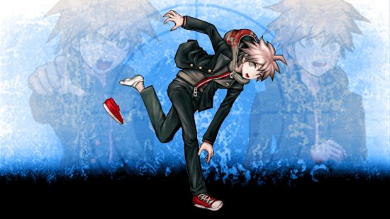 Danganronpa characters Makoto tripping, with his shoe falling off