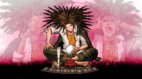 Danganronpa characters Yasuhiro sitting with a crystal ball, incense, and tarot cards