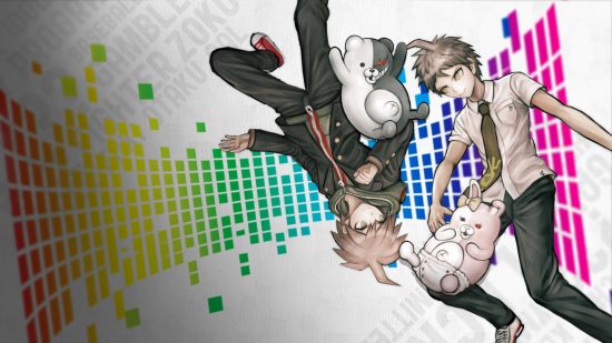 Danganronpa games - official art from Danganronpa 1.2 Reload featuring two characters with Monokuma and Monomi