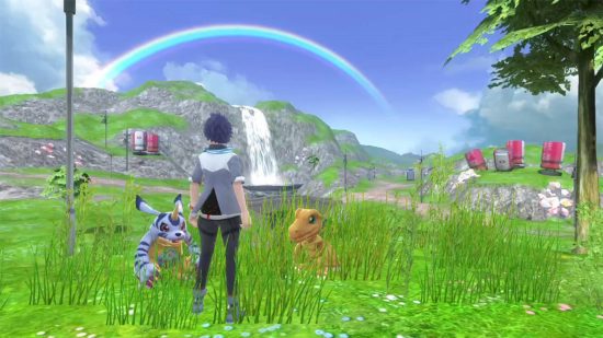 Digimon games - a tamer with a Gabumon and an Agumon looking out over a field with a rainbow overhead