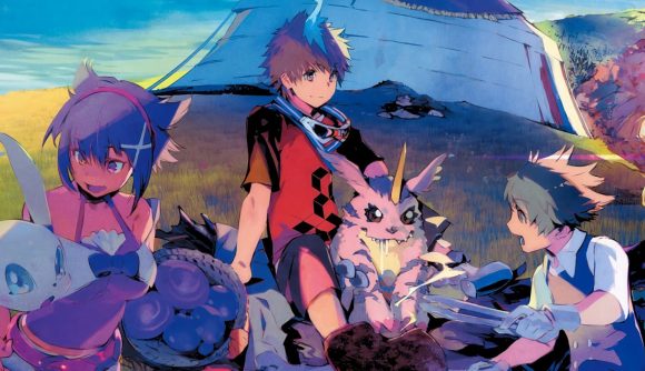 Digimon games - a group of tamers sitting at a campsite with their Digimon
