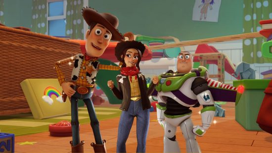 Disney Dreamlight Valley Toy Story update - Buzz, Woody, and a player hanging out in a bedroom