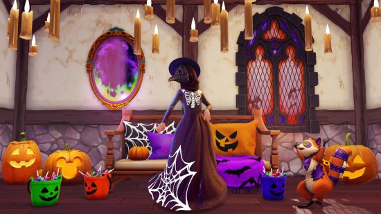 Disney Dreamlight Valley Halloween decor surrounding a player in a plague mask and a spooky dress