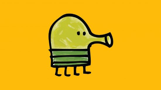 Doodle jump online: the character from doodle jump appears against a yellow background