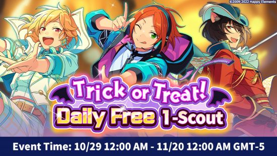 Ensemble Stars Music Halloween event promotion, showing three characters in costumes and promoting the daily free 1-scout ticket