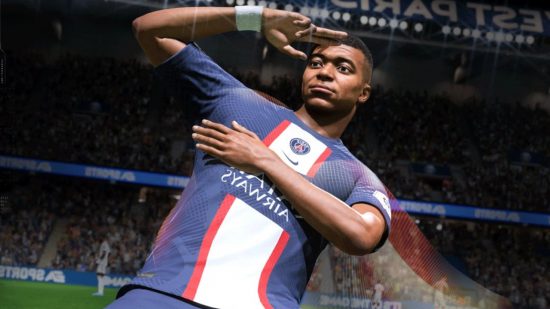 Screenshot of PSG striker Mbappe celebrating a goal for Fifa 23 career mode guide